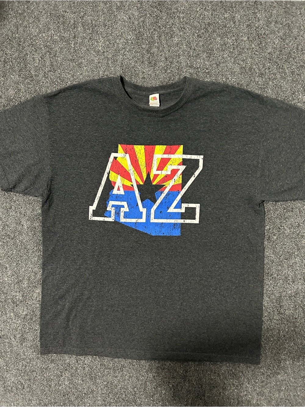 Fruit of the Loom Dark Gray AZ State Graphic Tee with Red Yellow Blue Print